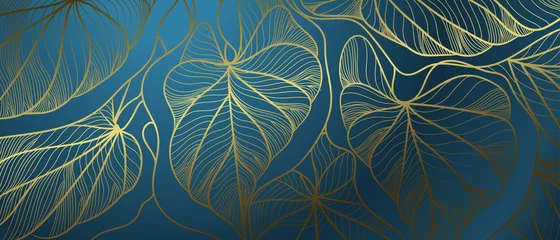 Foto auf Acrylglas Toilette Luxus-Wand-Kunst-Hintergrund. Tropical Line Arts Hand zeichnen Gold exotische Blumen und Blätter. Design für Verpackungsdesign, Social-Media-Post, Cover, Banner, Gold geometrischer Musterdesignvektor
