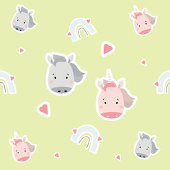 Seamless patterns. Scandinavian style kids collection. Cute stickers unicorn girl and horse boy and rainbow with hearts on a light background. For design, textile, packaging, wallpaper. Vector