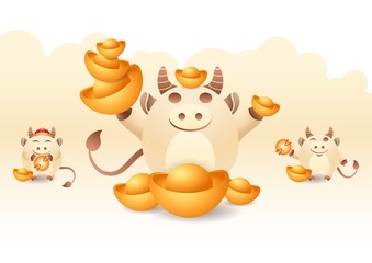Happy Chinese new year greeting card 2021 Ox zodiac. Cute mascot, symbol year. Cartoon of little ox with gold Chinese traditional ingot and coins, CNY on isolated background. Vector stock illustration