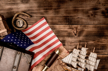 Columbus Day background. Map and discovery of old equipment. Exploration and history of America in...