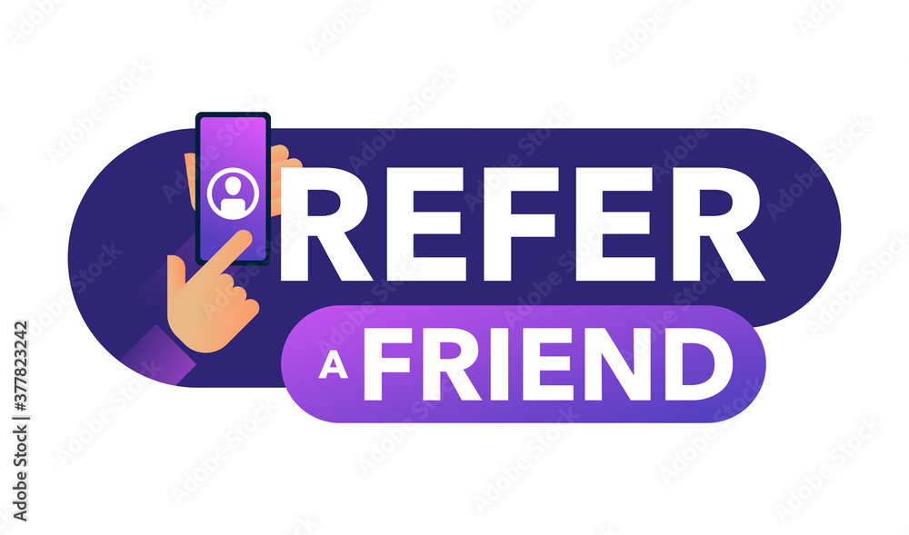 Aufkleber refer a friend button - referral program social marketing element -phone in hands touching to screen