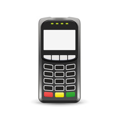 POS terminal top front view mock-up - cash and credit payment device with screen and keyboard - isolated realistic vector illustration