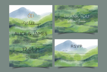 wedding invitation with mountain view watercolor background