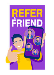 Refer a friend - referral program creative vertical format banner - young man holding phone and shows to his friends (people icons, avatars) - vector illustration with bright wavy background