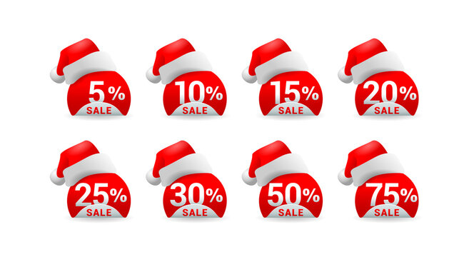 Christmas or New Year sale tags with Santa hat and different percentage - 5, 10, 15, 20, 25, 30 50 and 75 - limited winter sale stickers set