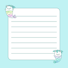 Kawaii notebook page template. Memo page decorated with little kitten mermaids. Vector 10 ESP.