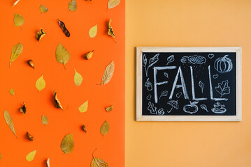 Blackboard with handwritten word FALL and small funny chalk drawings and dry yellow leaves on orange background. Fall season inspiration