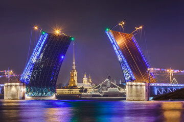 Fototapeta na wymiar Neva river and open Palace (Dvortsovy) Bridge - Saint-Petersburg Russia