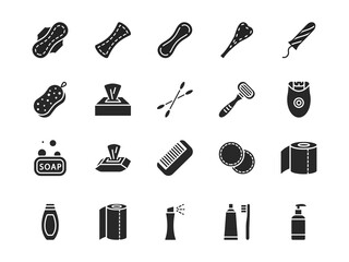 Personal hygiene products flat glyph icon set. Vector illustration sanitary pads, soap, washcloth cotton pads toothbrush napkin razor. Black silhouette