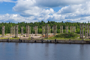 Abandoned construction on coast of river Svir - Russia