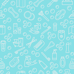 Fototapeta na wymiar Seamless pattern with vector line flat icon. Personal hygiene products. Blue background color and white symbols. Womens and mens individual hygiene items.