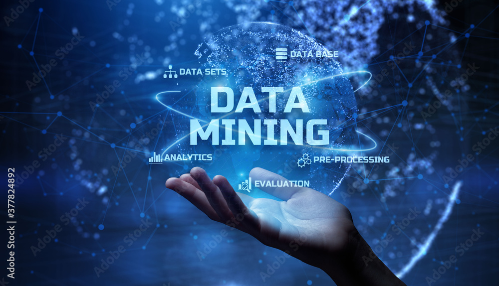 Poster data mining information technology concept on futuristic virtual screen.