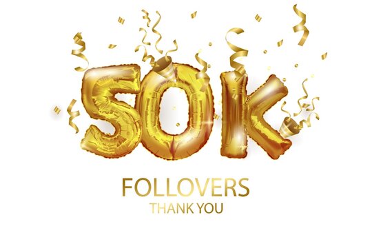 Vector Golden number 50 000 fifty thousand followers of the metal ball. Party decoration with 50-Karat gold balloons. Anniversary sign for a happy holiday, celebration, birthday, carnival, New year.