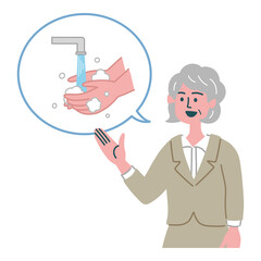 女性　スーツ　シニア　手洗い
