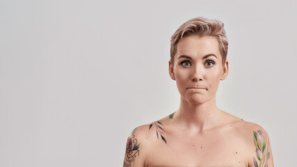 Obraz premium Portrait of a young attractive half naked tattooed woman bites and presses lips in bewilderment, reacts on something, looking at camera isolated over light background