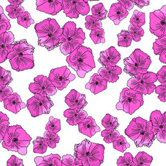 Seamless pattern with a sprig of three pink-red flowers with wide petals, floral pattern on a white background
