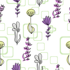 Seamless pattern with doodle flowers and floral elements of delicate shades arranged chaotically, combined with gray rounded squares on a white background