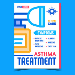 Asthma Treatment Creative Promo Banner Vector. Difficult Breathing And Sleep Problems, Allergies, Wheezing And Chest Pain Asthma Symptoms Advertise Poster. Concept Template Style Color Illustration