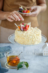 Napoleon cake. Beautiful cake with berries, classic pastries. High quality photo.
