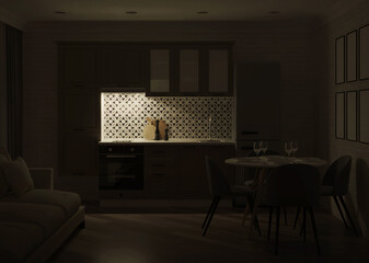 Plakat Modern kitchen interior. Night. Evening lighting. 3D rendering.