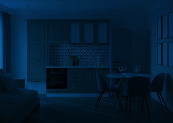 Modern kitchen interior. Night. Evening lighting. 3D rendering.