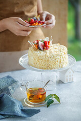 Napoleon cake. Beautiful cake with berries, classic pastries. High quality photo.