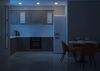 Modern kitchen interior. Night. Evening lighting. 3D rendering.