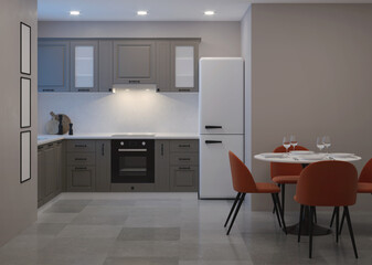 Modern kitchen interior. Night. Evening lighting. 3D rendering.