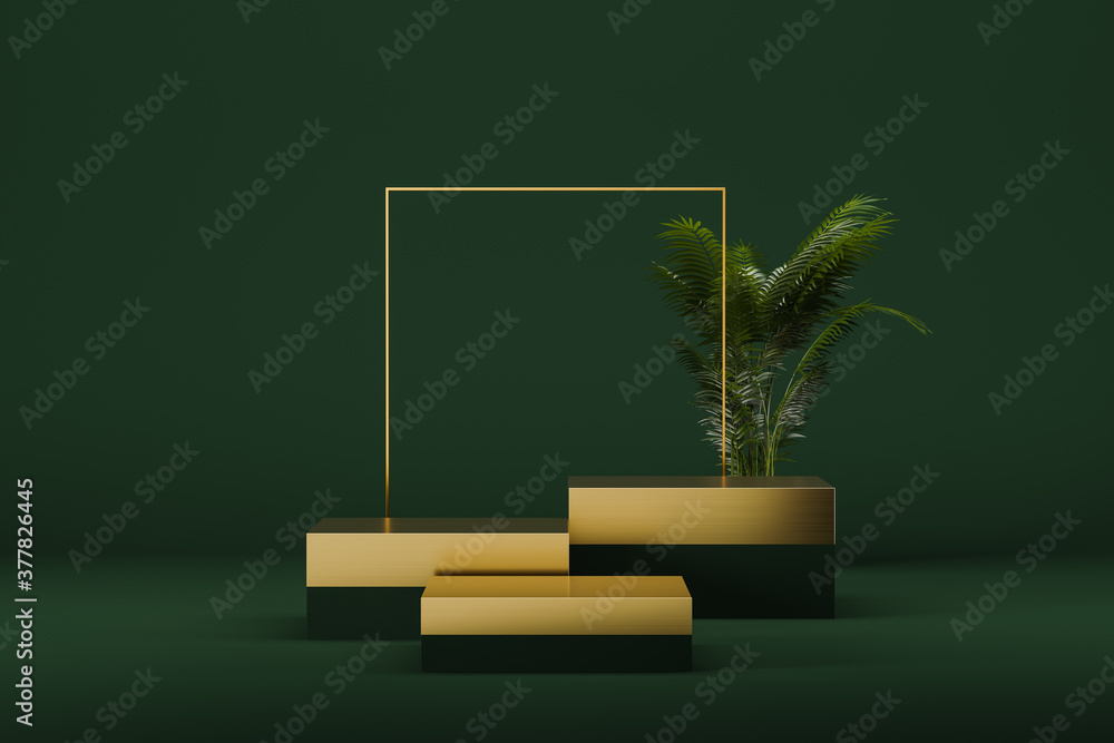 Aufkleber three square podiums, stand, pedestal, steps against the background of a square gold frame. the conc