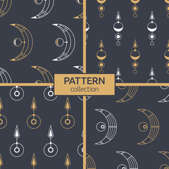 Set of four sacred geometric symbols seamless patterns. Modern stylish texture.  Linear style. Interior design, digital paper, web, textile print, package. Vector color backgrounds.