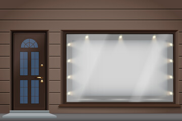 Shop facade exterior with big glass storefront and door. Facade of granite wall and big window. Shopping Street view. Vector Illustration.