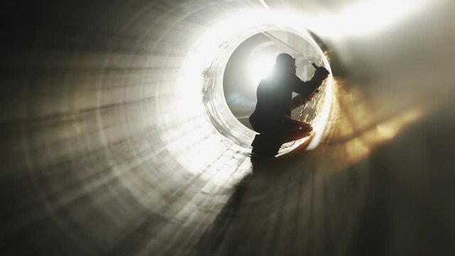 Professional Heavy Industry worker Working Inside Pipe, Wears glasses and Starts cutting pipe.