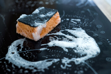  Cleaning kitchen stove.  modern gas stove with a sponge and foam