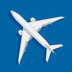 An airplane on blue background, vector illustration, flat design. Plane, top view.