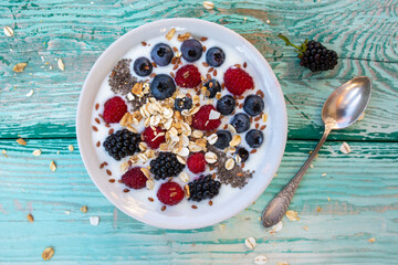 Muesli with fresh berries in a bowl.