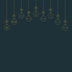 Beautiful Christmas balls hanging on dark blue background with copyspace. Xmas ornament. Vector