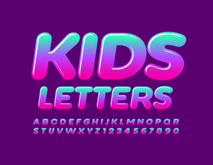 Vector Kids style Alphabet Letters and Numbers set. Gradient color bright Glossy Font