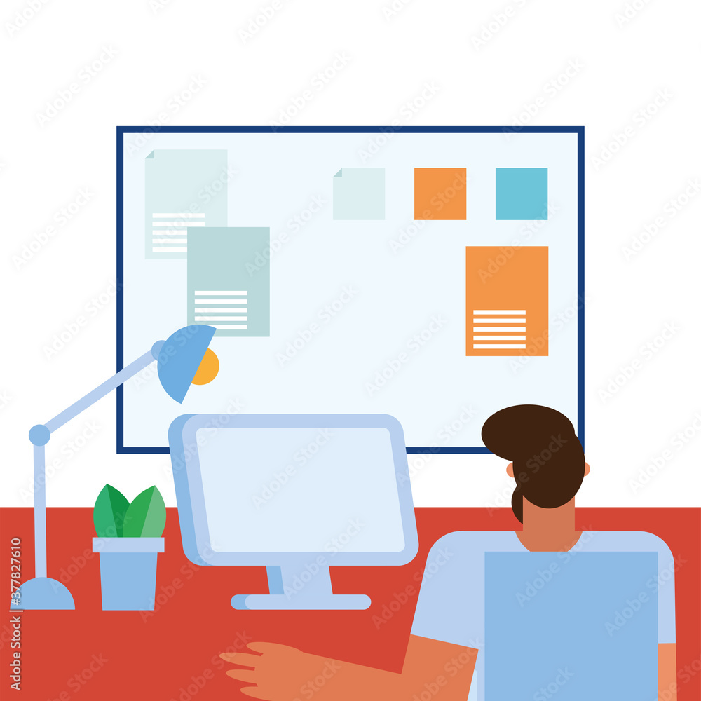 Aufkleber man at desk with computer and board in the office vector design