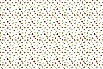 christmas background with pine cone, wine cork, pine twig and lingonberry. christmas background on white backdrop.