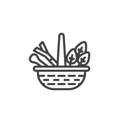 Herbs basket line icon. linear style sign for mobile concept and web design. Wicker basket with celery leaves outline vector icon. Symbol, logo illustration. Vector graphics