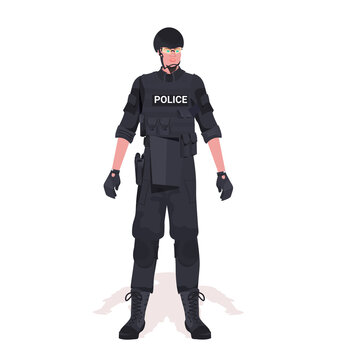 policeman in full tactical gear riot police officer and protesters and demonstration riots mass control concept full length vector illustration