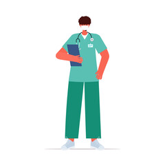 male doctor in uniform wearing mask to prevent coronavirus pandemic labor day celebration concept full length isolated vector illustration