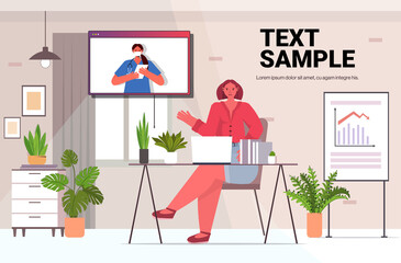 businesswoman discussing with female doctor during video call online medical consultation coronavirus quarantine self isolation concept office interior horizontal copy space vector illustration