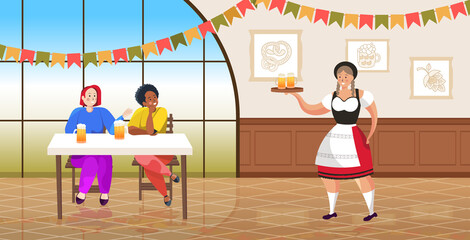 waitress serving beer for mix race couple in bar Oktoberfest party celebration concept friends sitting at table having fun horizontal full length vector illustration