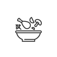 Chicken leg soup bowl with herbs and vegetable line icon. linear style sign for mobile concept and web design. Soup bowl outline vector icon. Symbol, logo illustration. Vector graphics