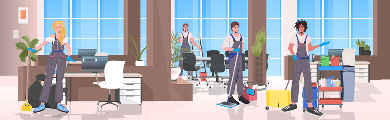 mix race cleaners team cleaning and disinfecting floor to prevent coronavirus pandemic modern office interior horizontal full length vector illustration