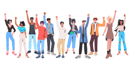 mix race people crowd with raised up hands standing together labor day celebration concept full length horizontal vector illustration