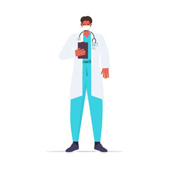 male doctor in uniform wearing mask to prevent coronavirus pandemic labor day celebration concept full length isolated vector illustration