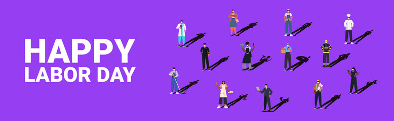 people of different occupations celebrating labor day mix race workers wearing masks to prevent coronavirus pandemic full length horizontal isometric vector illustration