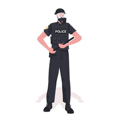 Fototapeta na wymiar policeman in full tactical gear riot police officer holding baton protesters and demonstration riots mass control concept full length vector illustration